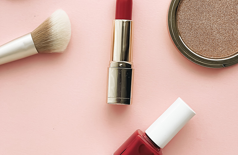 Beauty, make-up and cosmetics flatlay design with copyspace, cos