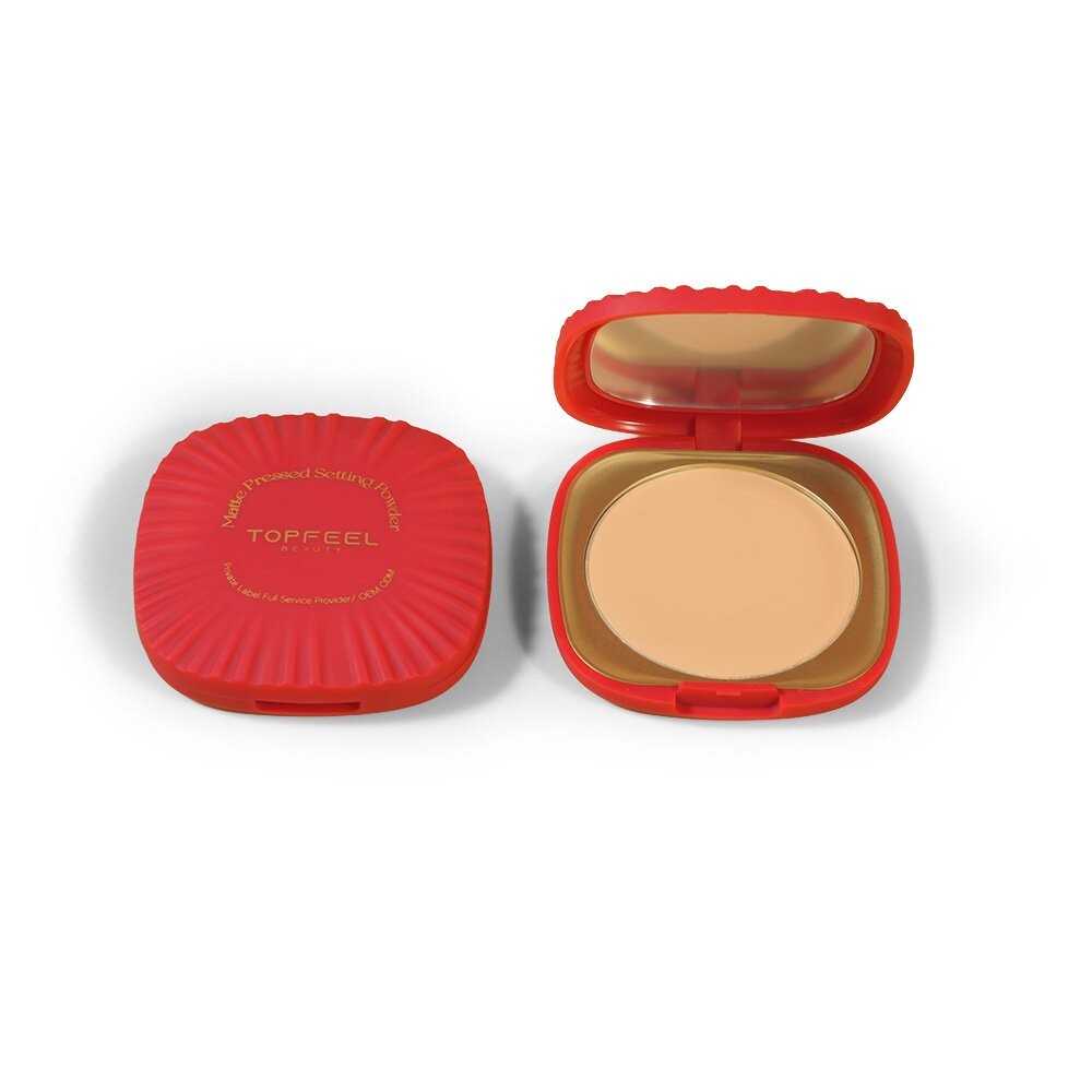 matte pressed setting powder compact, red ribbed case with mirror, open and closed views, makeup setting powder product