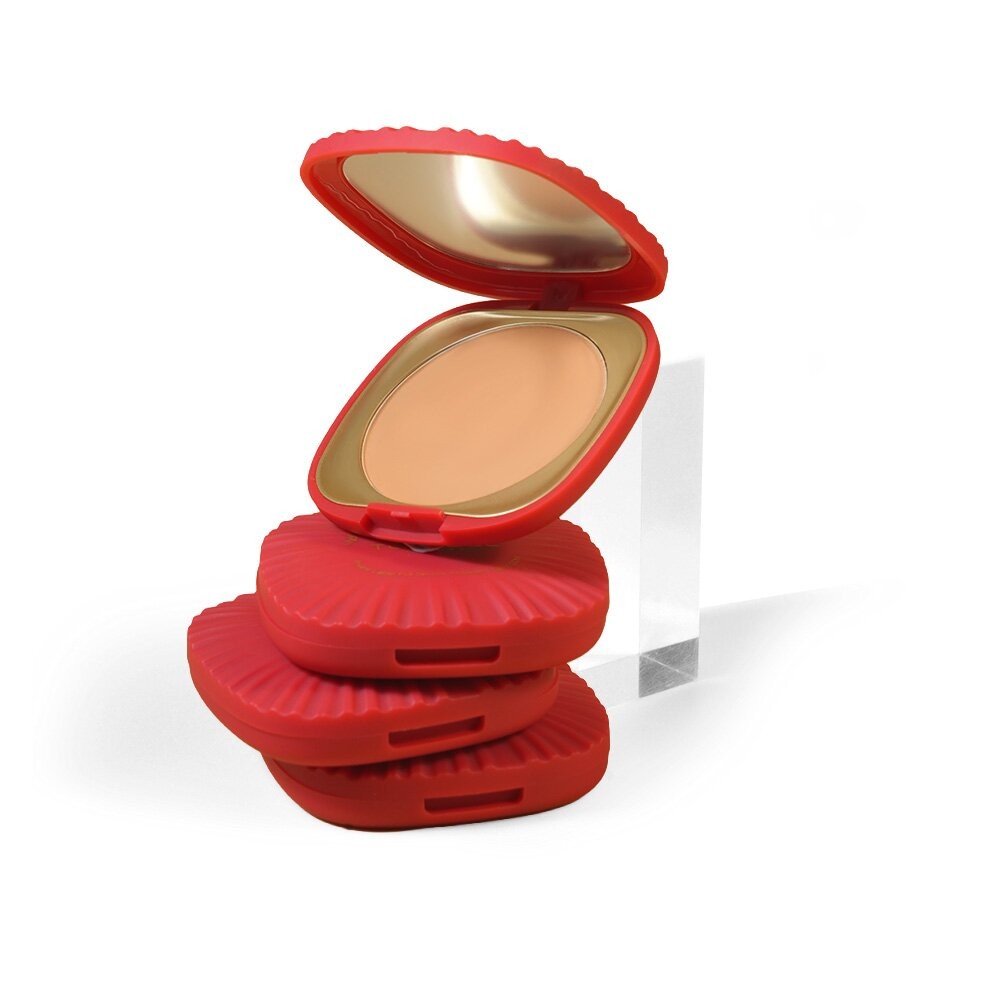 matte pressed setting powder compact, red ribbed case with mirror, open and closed views, makeup setting powder product