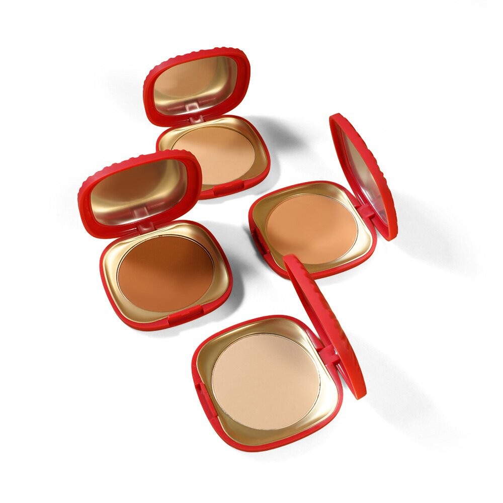 four matte pressed setting powders in different shades, open red compact cases with mirrors, makeup powder color range