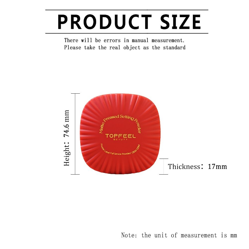 matte pressed setting powder compact product size chart, showing dimensions of the red case with height 74.6mm and thickness 17mm